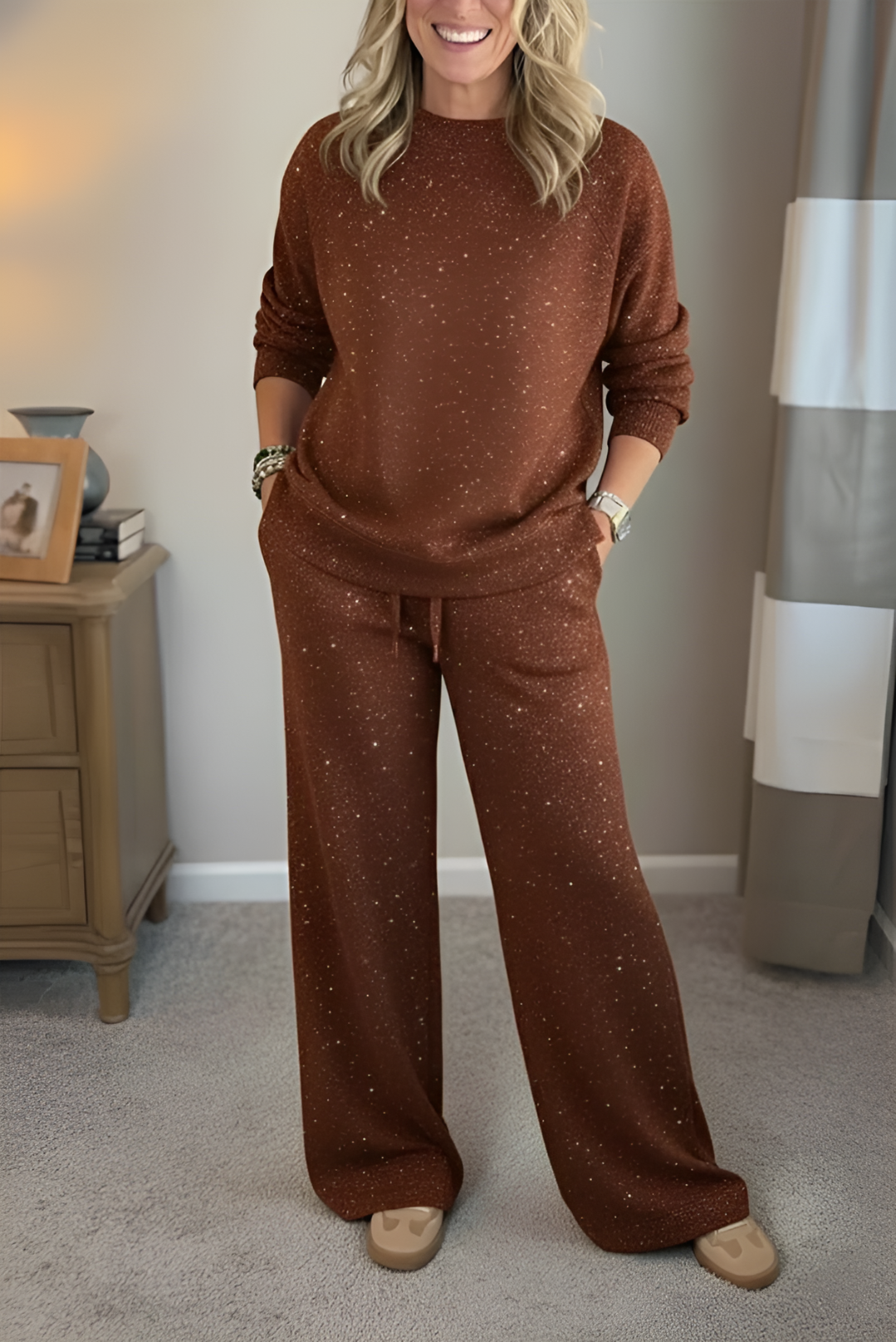 VIVIANA™║Cuello redondo, brillante, color uniforme, estilo informal completo