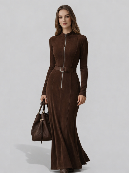 ALMUDENA™║Vestido largo marrón con cinturón