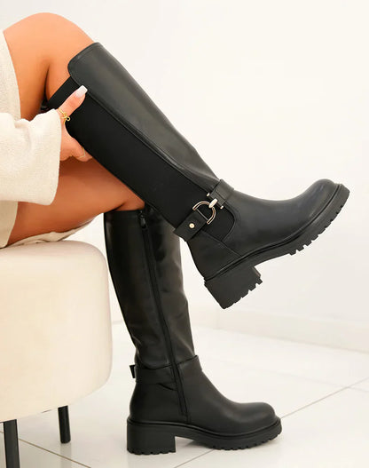 Botas altas negras con banda elástica y detalle dorado