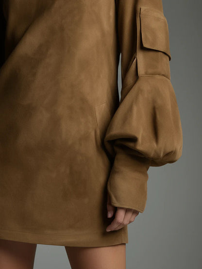 LIVIA║Minivestido oversize en ante con cuello alto