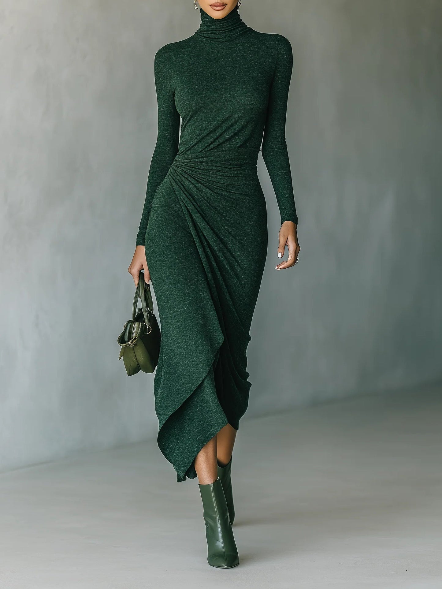 LENORA™║Vestido envolvente asimétrico con pliegues y cuello alto verde oscuro
