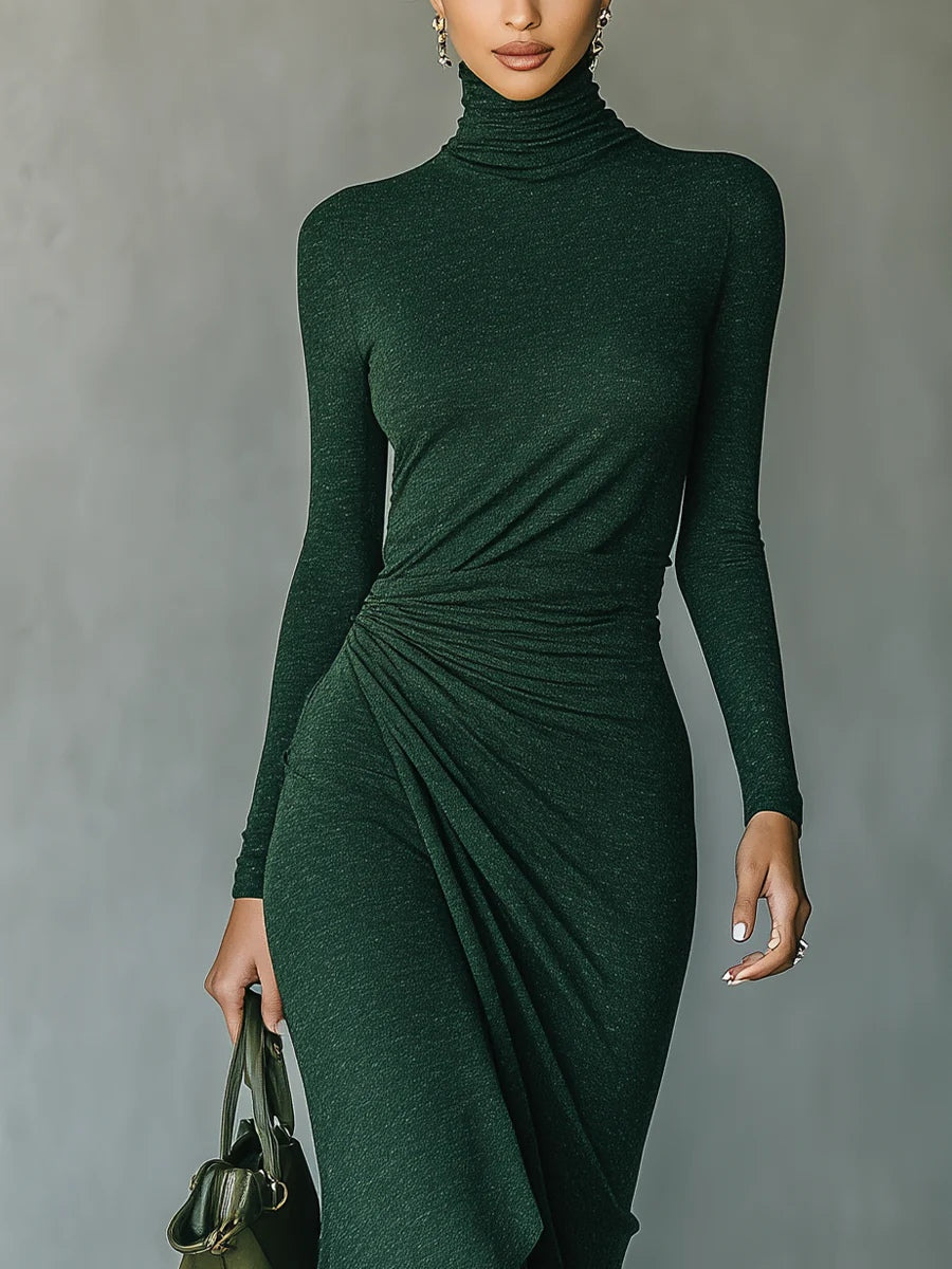 LENORA™║Vestido envolvente asimétrico con pliegues y cuello alto verde oscuro