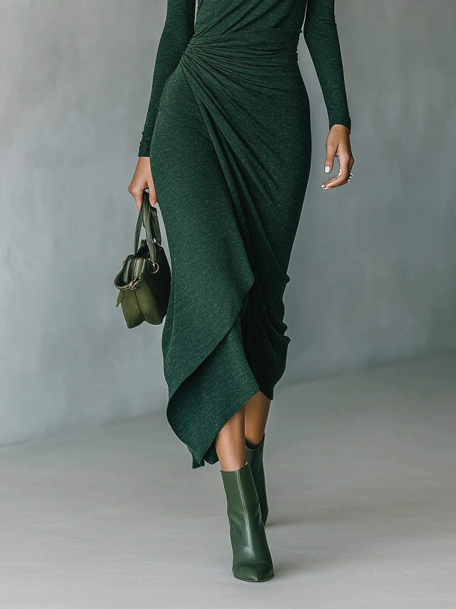 LENORA™║Vestido envolvente asimétrico con pliegues y cuello alto verde oscuro