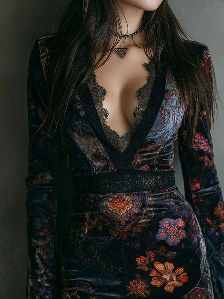 GRAZIA™║Vestido mini ajustado de terciopelo con estampado floral y encaje