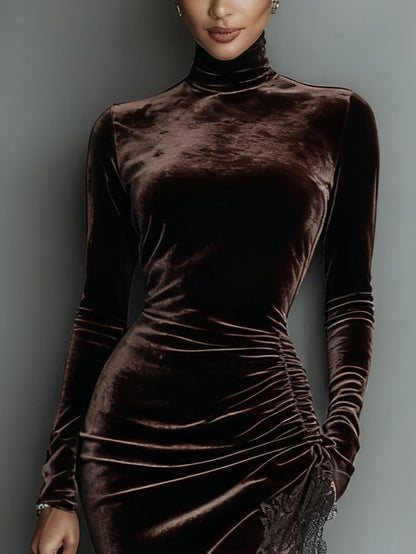 ISABELLA™║Vestido largo ajustado de terciopelo chocolate con dobladillo irregular de encaje