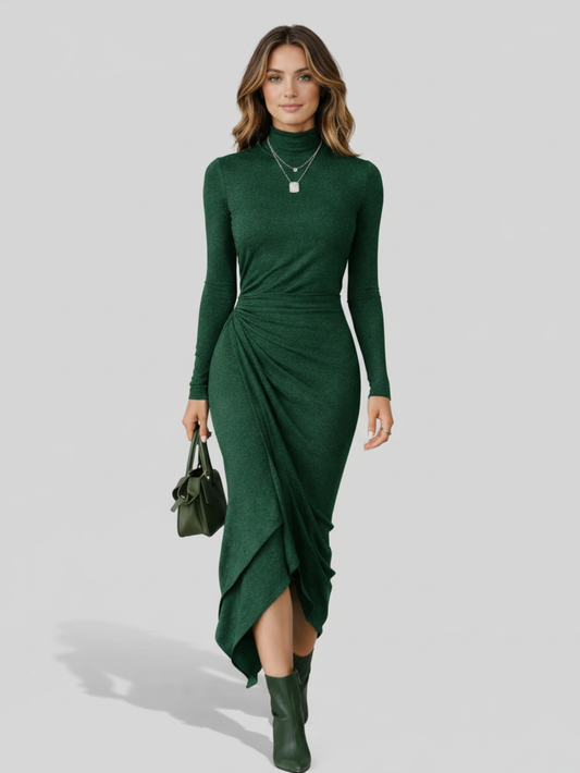 LENORA™║Vestido envolvente asimétrico con pliegues y cuello alto verde oscuro