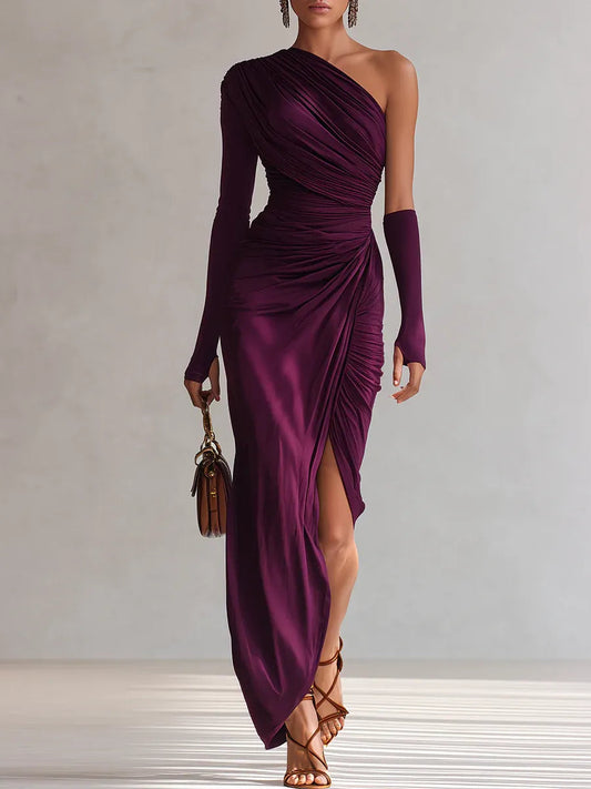 ROSALIA™║Elegante vestido largo morado sexy con un solo hombro
